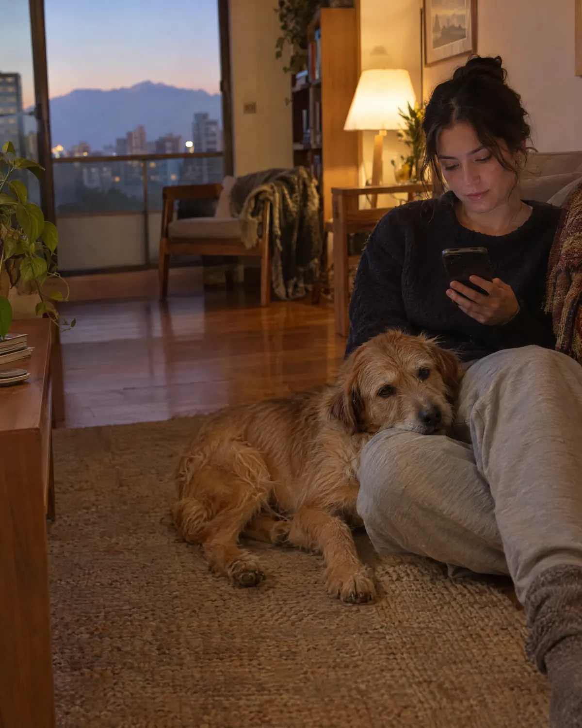 Una mujer sentada en el piso de su living mira el teléfono; su perro apoya la cabeza en su rodilla