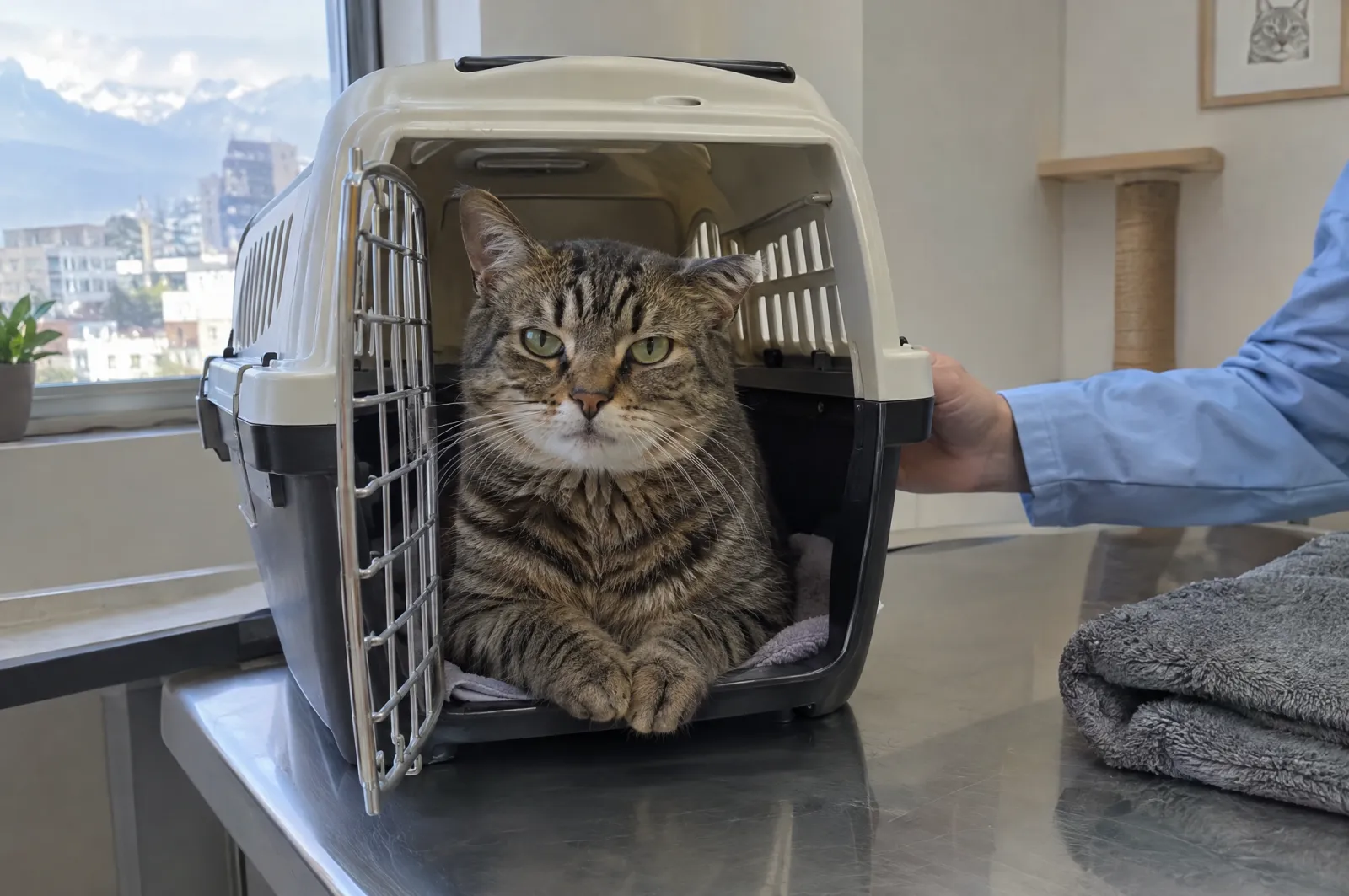 Un gato atigrado dentro de su transportadora sobre la mesa de una clínica felina, con la cordillera en la ventana