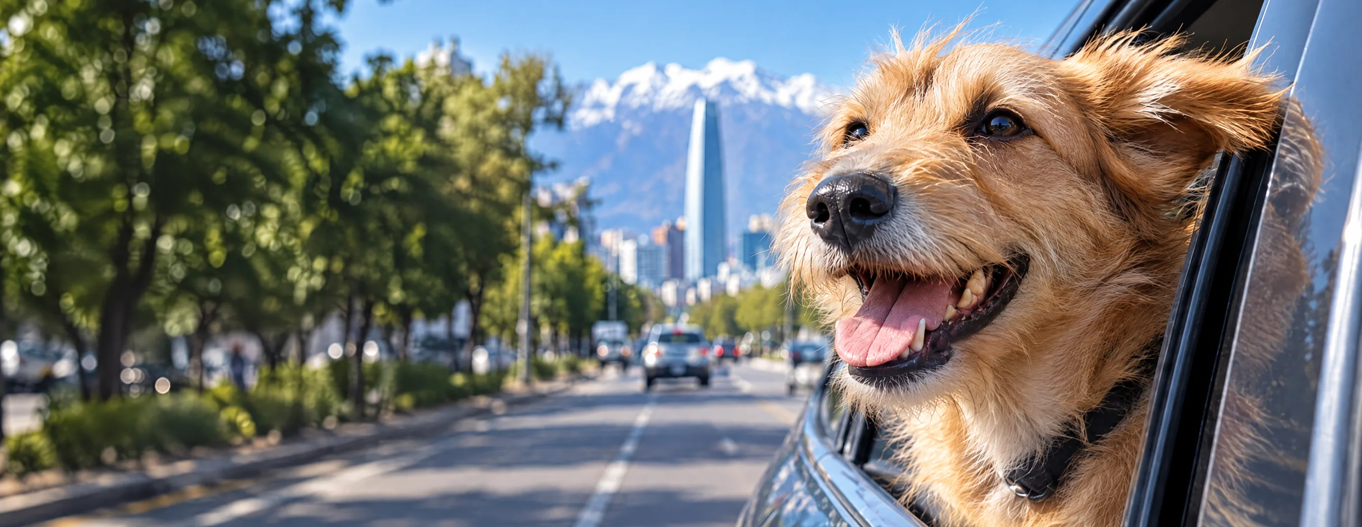 Un perro con la cabeza fuera de la ventana del auto, con Santiago y la cordillera detrás